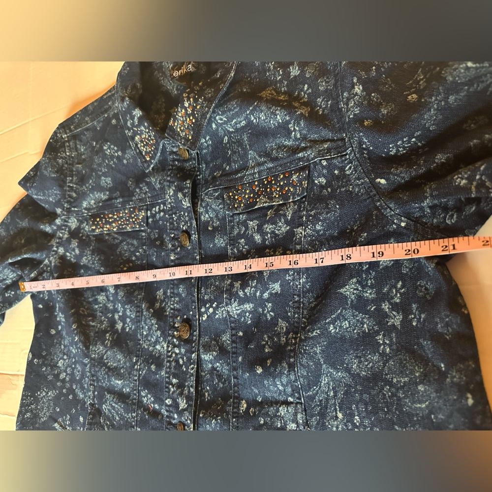 Erika Women’s Denim Jacket Floral Print with Beading on pocket and collar. PXL - Picture 14 of 14